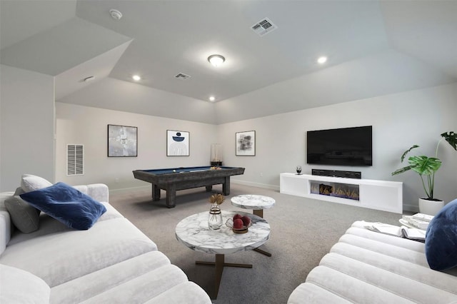 game room with a raised ceiling, light carpet, and billiards