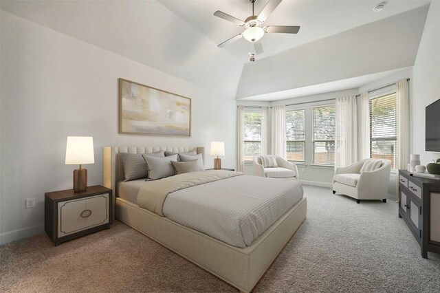 bedroom with ceiling fan, light colored carpet, and vaulted ceiling