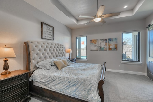 bedroom with a tray ceiling, multiple windows, ceiling fan, and carpet floors