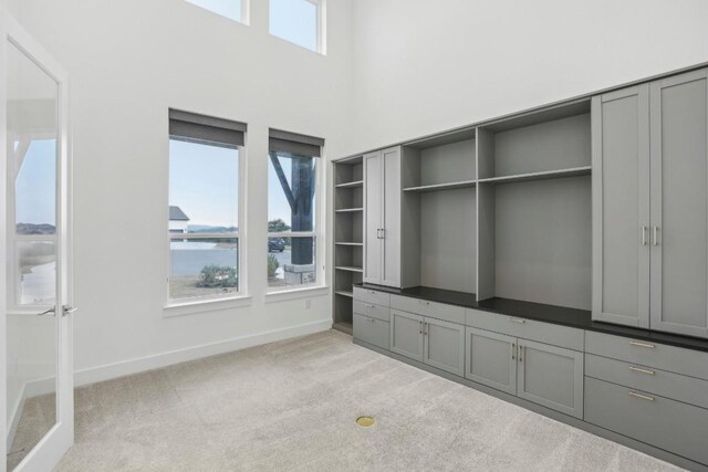 unfurnished living room featuring a water view and light colored carpet