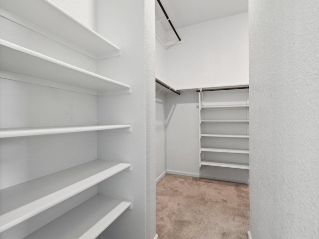 walk in closet featuring light carpet