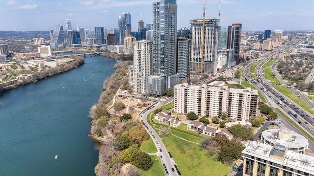 bird's eye view with a water view