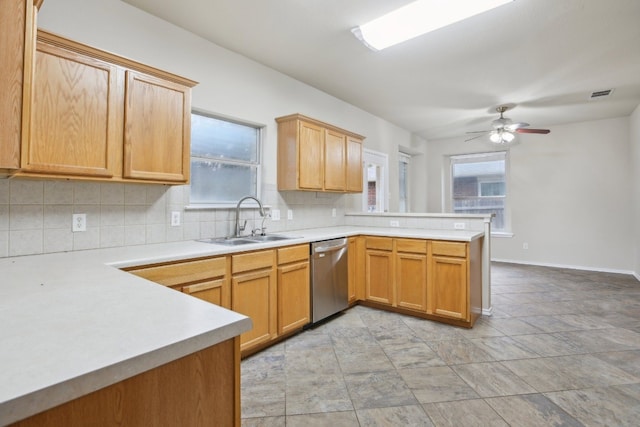 kitchen with sink, stainless steel dishwasher, kitchen peninsula, ceiling fan, and backsplash