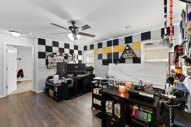 office featuring hardwood / wood-style flooring and ceiling fan