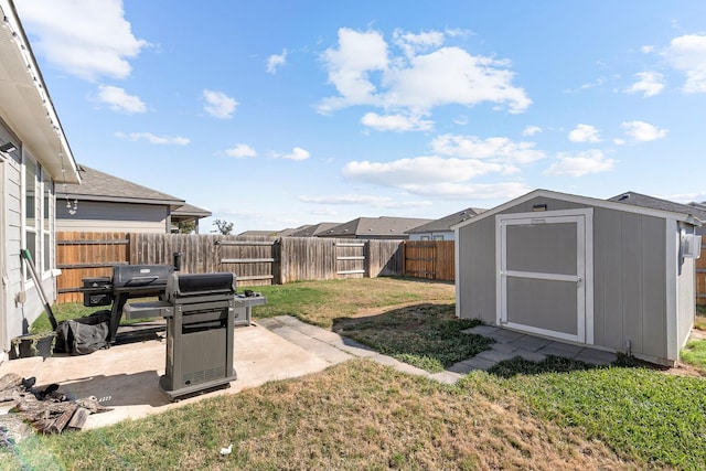 view of yard featuring a patio and a storage unit