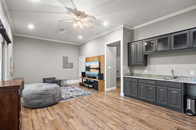 interior space with ceiling fan, sink, electric panel, light hardwood / wood-style floors, and ornamental molding