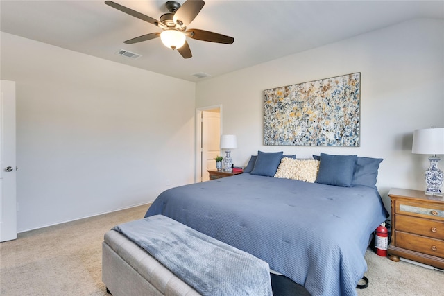 bedroom featuring ceiling fan and light colored carpet