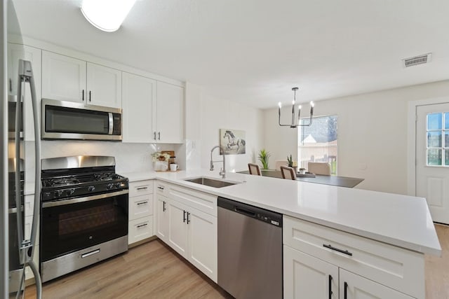 kitchen with kitchen peninsula, white cabinets, an inviting chandelier, and appliances with stainless steel finishes