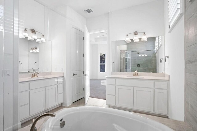 bathroom featuring two vanities, visible vents, a sink, and a shower stall