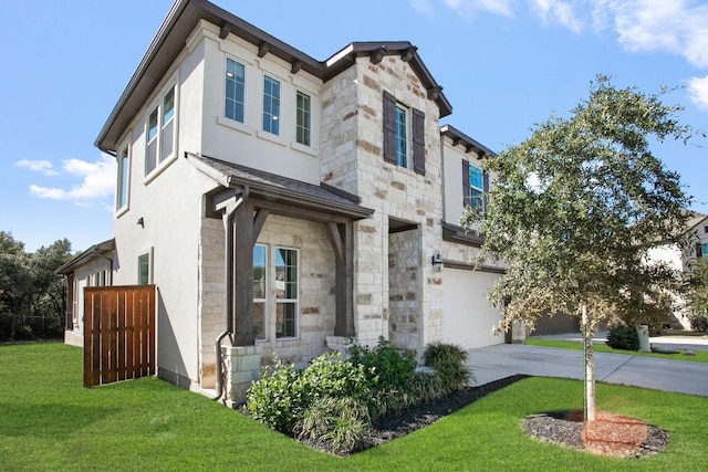 view of front of property featuring an attached garage, stone siding, concrete driveway, stucco siding, and a front yard