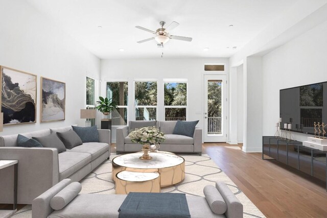 living room with ceiling fan and light hardwood / wood-style flooring