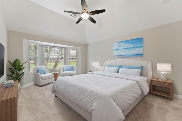 bedroom featuring light colored carpet, ceiling fan, and lofted ceiling