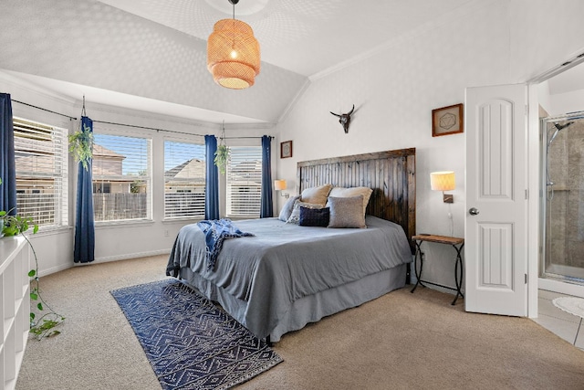 bedroom featuring vaulted ceiling, carpet, and multiple windows