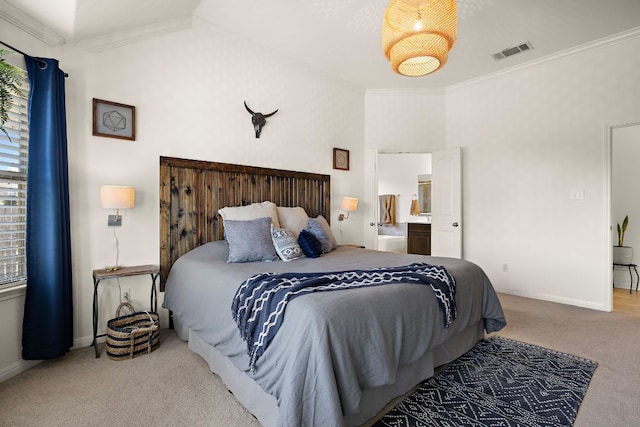 bedroom with light carpet and crown molding