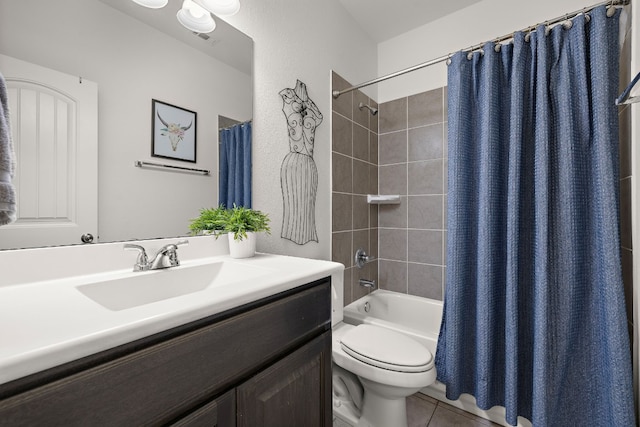 full bathroom with toilet, vanity, shower / bathtub combination with curtain, and tile patterned flooring