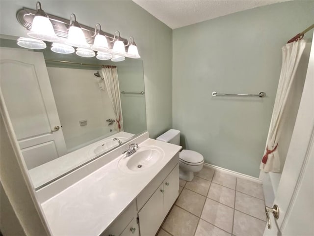 full bathroom featuring tile patterned flooring, a textured ceiling, toilet, shower / tub combo with curtain, and vanity