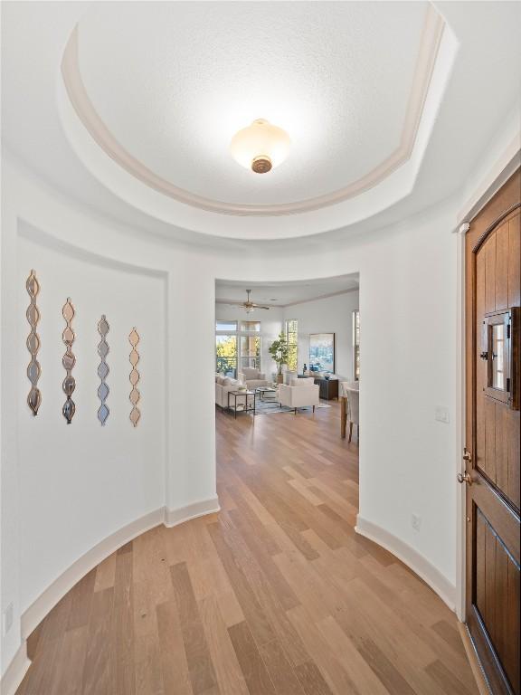 foyer with a raised ceiling, ceiling fan, and light hardwood / wood-style floors