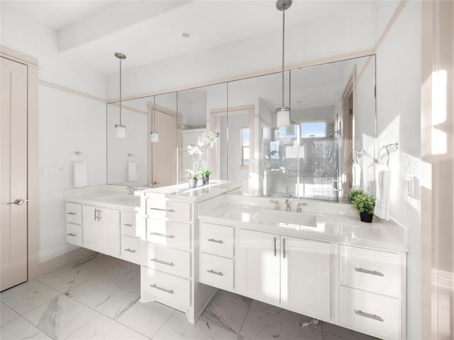 bathroom with vanity and walk in shower