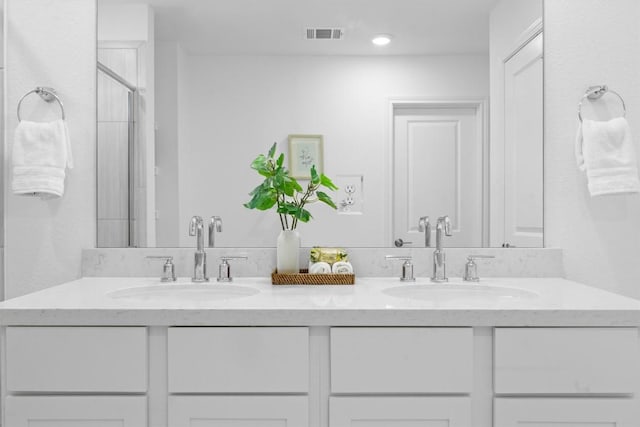 bathroom featuring vanity and a shower with door