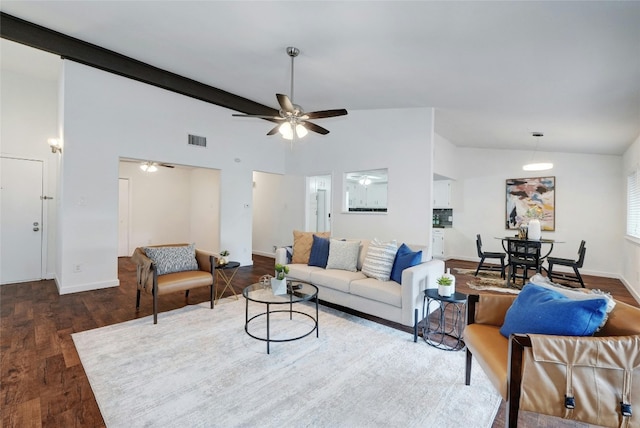 living room with ceiling fan, dark hardwood / wood-style flooring, and vaulted ceiling