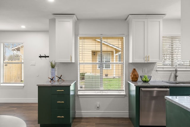 kitchen featuring white cabinets, dishwasher, sink, and dark wood-type flooring