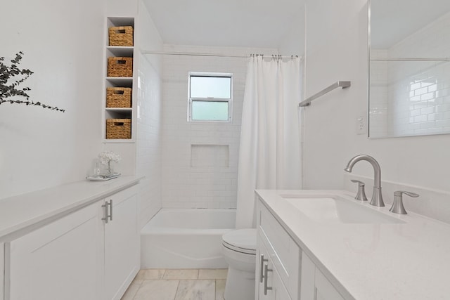 full bathroom with shower / bath combo, toilet, and vanity