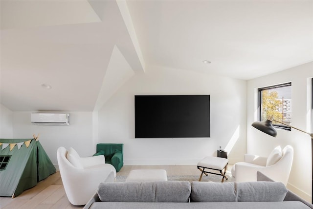 living room with vaulted ceiling, light hardwood / wood-style floors, and an AC wall unit