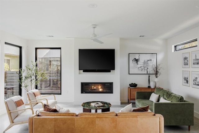 living room with ceiling fan