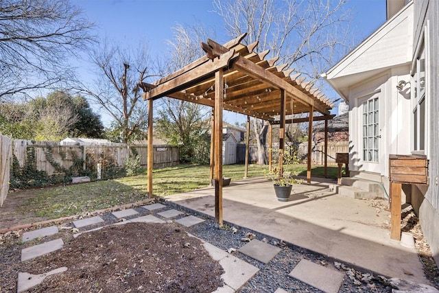 view of patio with a storage shed