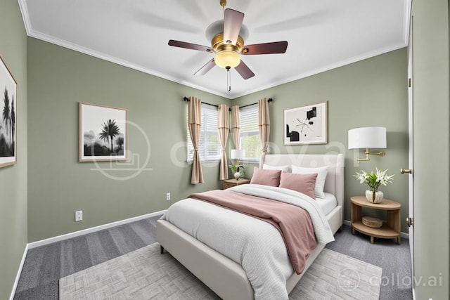 carpeted bedroom with baseboards, ornamental molding, and ceiling fan
