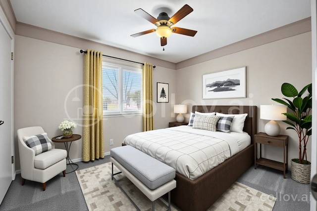 bedroom featuring light colored carpet, a ceiling fan, and baseboards