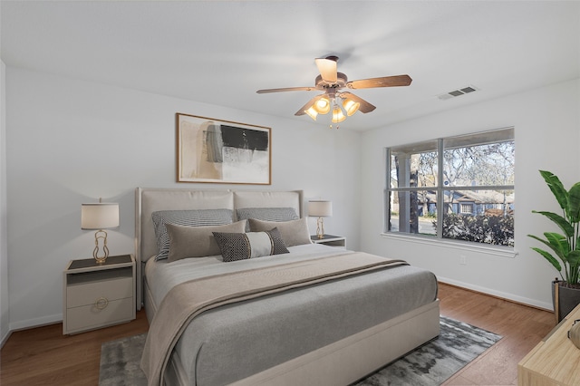 bedroom featuring ceiling fan and wood-type flooring