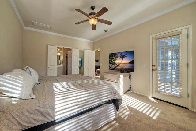 carpeted bedroom with access to exterior, ceiling fan, and crown molding