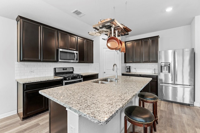 kitchen featuring light wood-type flooring, appliances with stainless steel finishes, a center island with sink, and sink