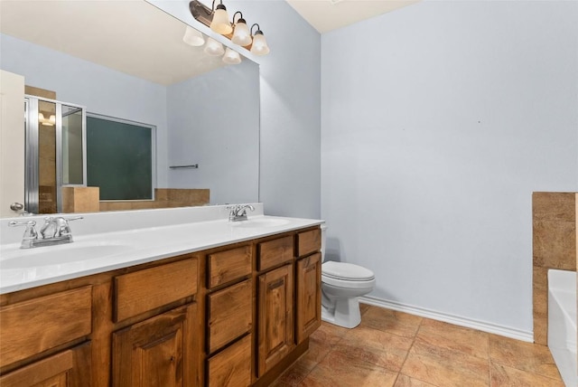 full bathroom with plus walk in shower, vanity, and toilet