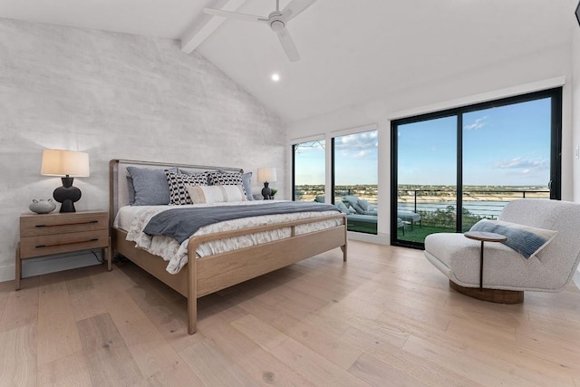 bedroom with vaulted ceiling with beams, access to outside, ceiling fan, and light hardwood / wood-style flooring