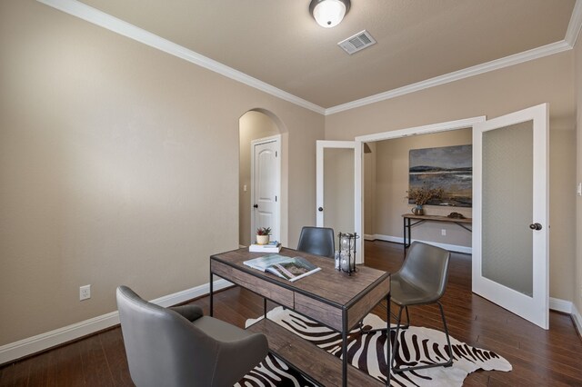 office area with dark wood-type flooring, crown molding, and french doors