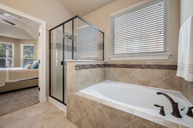 bathroom featuring tile patterned floors, ceiling fan, and separate shower and tub