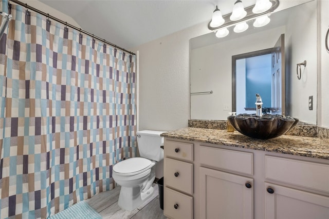 bathroom featuring curtained shower, vanity, lofted ceiling, and toilet