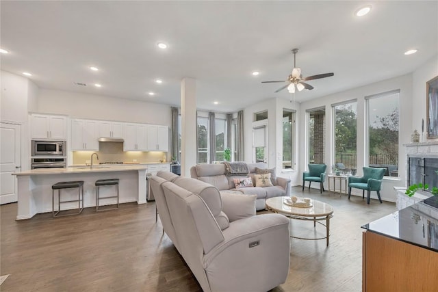 living room featuring sink, dark hardwood / wood-style floors, and ceiling fan