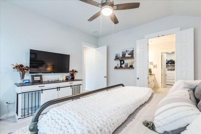 bedroom featuring light carpet, ceiling fan, and lofted ceiling