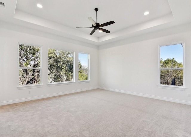 unfurnished room with a raised ceiling, ceiling fan, and carpet floors