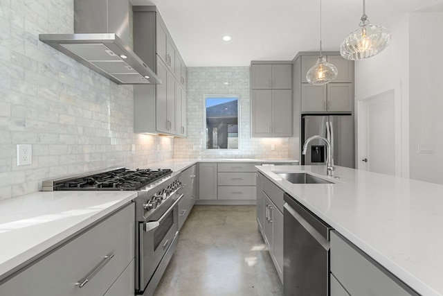 kitchen featuring appliances with stainless steel finishes, wall chimney exhaust hood, sink, pendant lighting, and gray cabinets