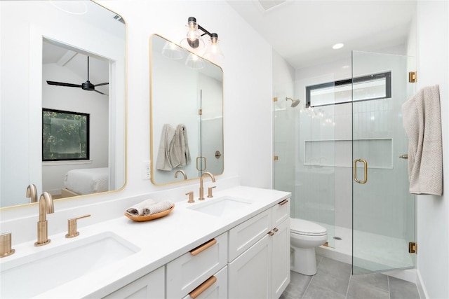 bathroom with a wealth of natural light, a shower with door, vanity, and lofted ceiling