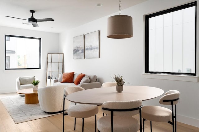 dining area featuring ceiling fan, a healthy amount of sunlight, and light wood-type flooring