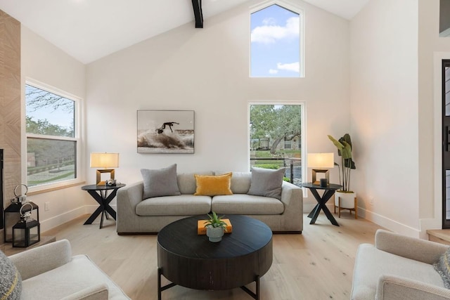 living room featuring light hardwood / wood-style floors and high vaulted ceiling