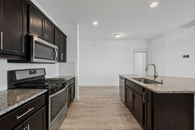 kitchen with sink, backsplash, a center island with sink, appliances with stainless steel finishes, and light wood-type flooring