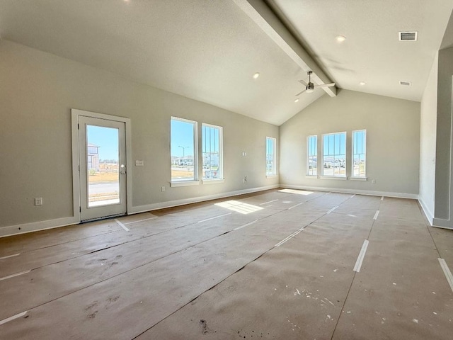 unfurnished living room featuring baseboards, plenty of natural light, high vaulted ceiling, and beamed ceiling