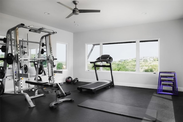 workout area featuring ceiling fan