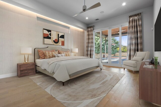 bedroom with ceiling fan, french doors, access to outside, and light hardwood / wood-style flooring